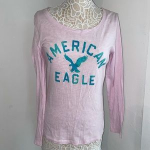 EUC American Eagle large long sleeve pink top with blue lettering.